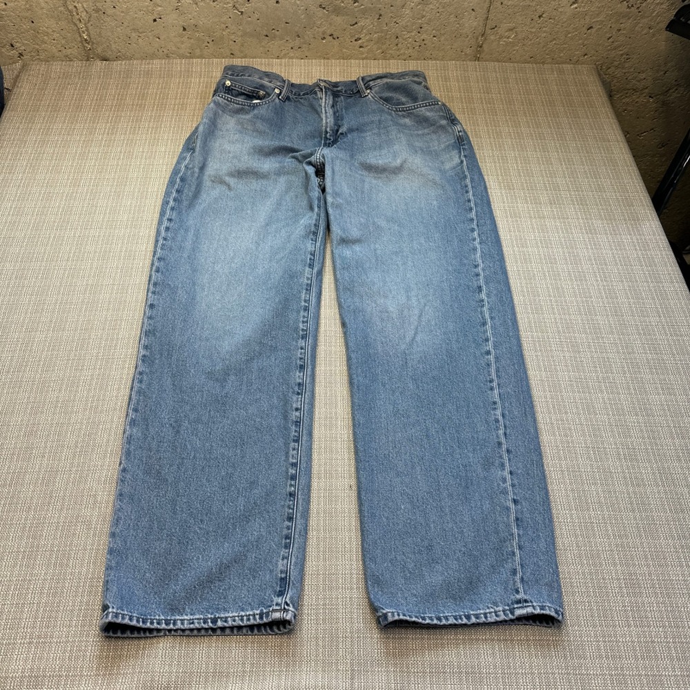 Uniqlo Womens Baggy Jeans size 12 Wide Leg High Rise Medium Wash Blue Denim